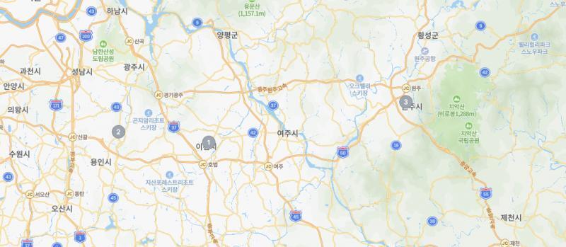 >>290 혹시 이렇게 하면 안돼? 2번째 사진에서 보다시피 용인과 이천과 원주는 은근 가깝거든