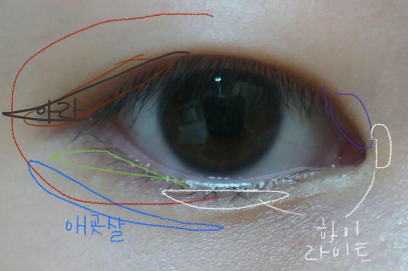 나도 화장 잘 못하지만 남 화장이나 이론에는 자신있다ㅎㅎ 사진은 언니가 나한테 해줬던 거 참고해서 해봤어 나도 무쌍이걸랑 일단 설명해줄게 보라색