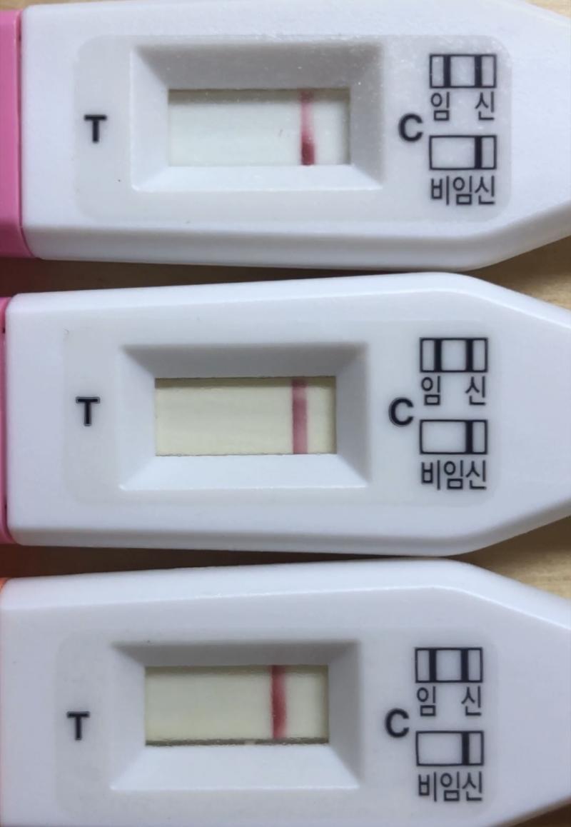 맨 위가 오늘 아침에 한거고 밑에 두개가 15일에 한거야 오늘이 관계한지 27일째 되는 날이고 생리예정일은 5일 지났어 왜 생리를 안 할까,, 