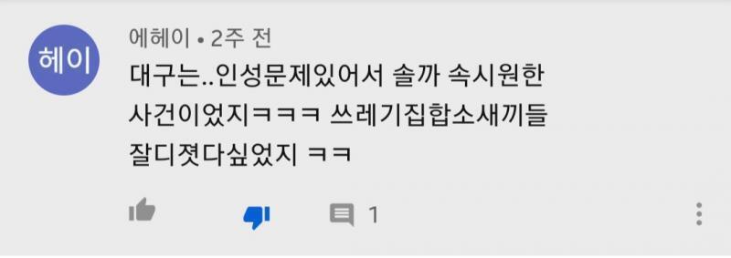 대구 지하철 참사 희생자들을 대구 통구이니 뭐니 하는 거 툭하면 보이는데 꼭 그렇게 말해야 하니...? 그리고 왜 잘 디졌니, 응? 아무런 잘못