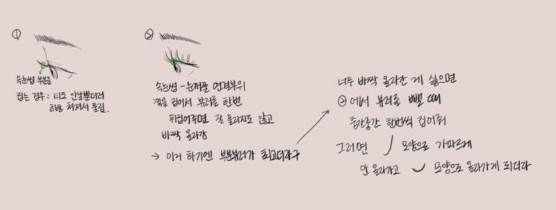 이건 그냥...자기 뷰러가 잘 안된다는 애들 보면 간혹 1번처럼 저렇게 집고서 뷰러한 티가 안나 ㅠㅠㅠ이러길래 2번으로 하면 마스카라 없어도 웬
