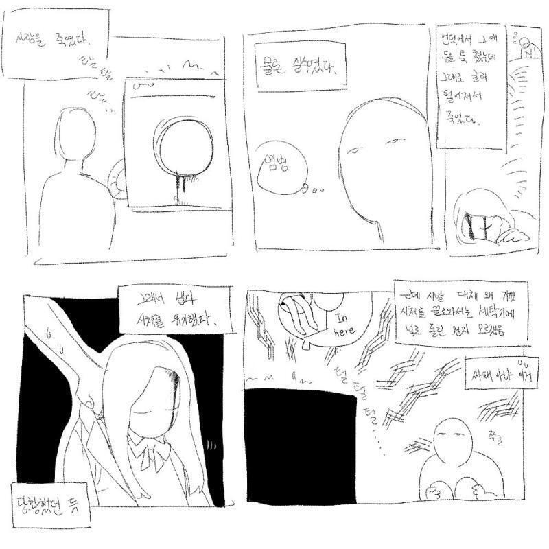 꿈꾸고 일어나서 그렸던 낙서인 듯 아마 시체 숨기겠답시고 세탁기에 넣은 것 같던데 대체 왜 거기에 숨긴 건지는 아직도 모르겠다 꿈이 다 그렇지