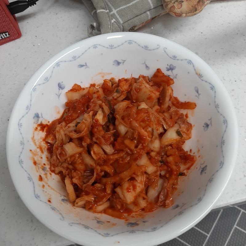 그냥 지금 왔다. 공부하기 싫기 때문이지. 과정샷을 차례차례 올려보도록 하겠다. 먼저 김치를 꺼내 잘게 자른다. 스레주는 작은게 좋아서 잘게잘게