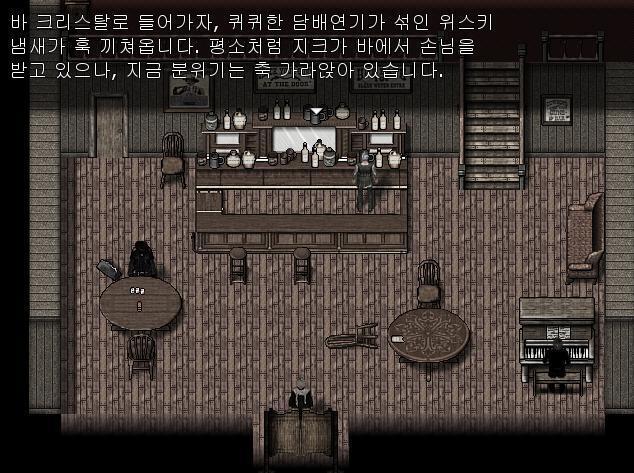딸을 옆동네 호텔에 맡기고 애니는 크리스탈 바에 들어왔다. 바텐더 지크와 식탁에 앉아 혼자 카드게임을 하는 낯선 손님, 그리고 피아노 연주를 하