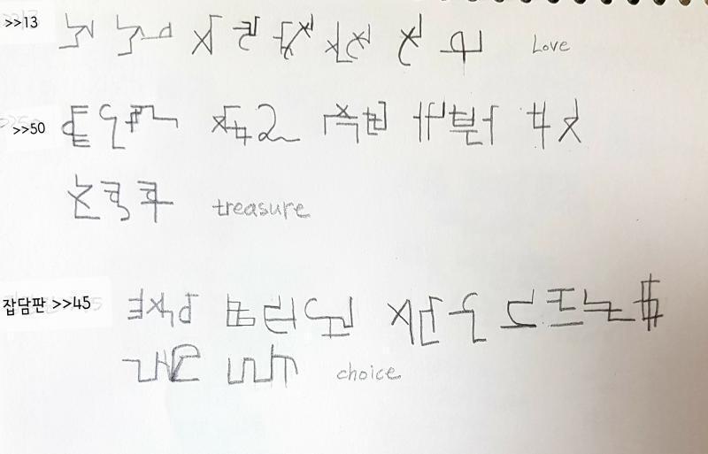 글자 정리해봤어! 숨겨져있는거 빼고, 뭔가 안 써있는 사진 빼고! 같이 써져있는것끼리 모아놨어 옆에 쓴 영어는 그 사진에 쓰여있던거!