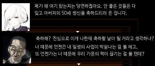 "제가 여기 온 이유는 당연하잖아요? 아버지 50번째 생신을 축하드리기 위해서입니다." "축하? 축하라고?" 아버지는 화를 냈다. "너 때문에