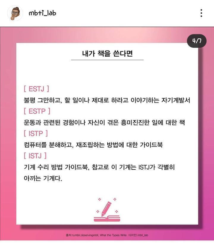 이거 mbti 성향별 소설 주제인데 소재로 나쁘지 않을 거 같아서 캡쳐해왔어! 한 번 읽고 지나가는 것도 나쁘지 않을 거 같어 ㅎㅎ