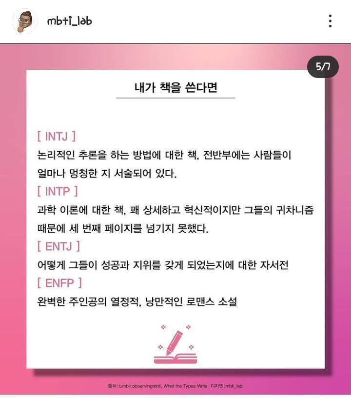이거 mbti 성향별 소설 주제인데 소재로 나쁘지 않을 거 같아서 캡쳐해왔어! 한 번 읽고 지나가는 것도 나쁘지 않을 거 같어 ㅎㅎ
