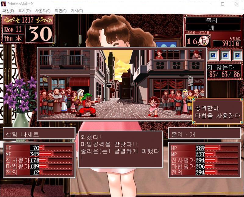 줄리의 공격! 회심의 일격! 명중! 살람 나세르에게 228의 대미지를 입혔다! 살람 나세르는 마법 주문을 외쳤다! 마법공격을 받았다!! 줄리는