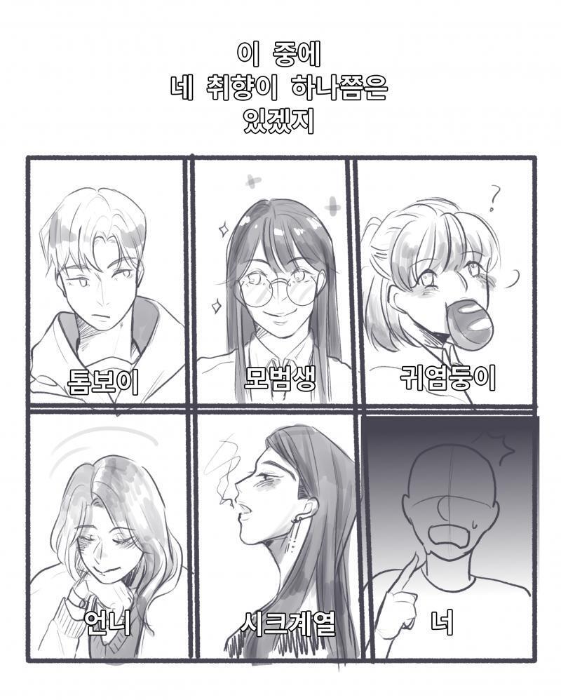이상형 총 정리 → 이중에 네 짝녀 하나쯤은 있겠지! 다들 도와줘서 고마워!!! 읽다보니 짝녀에 대한 애정이 느껴져서 즐겁게 그릴수 있었다.👏🏻