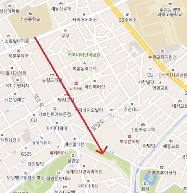 이거다! 선에 가려서 잘 안보이지만 팔달로 전까지 골목길이 선대로 저리 길게 쭉 이어져있어.