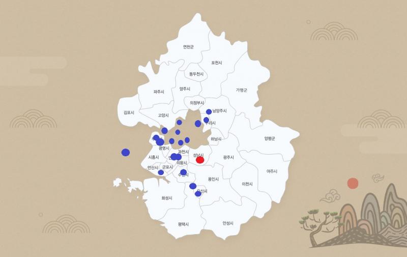 정리 한 번 해볼까 하는 마음으로 한번 그려봤어. 지도는 경기도청 홈페이지에서 퍼온거고 빨간점은 판교역, 파란점은 아직 참여 안했으며, 2021