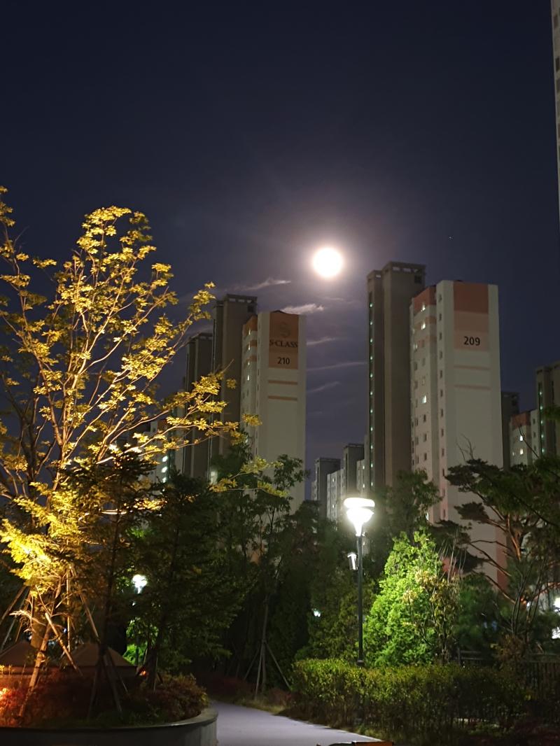 그리고 아싸 퇴근하다 찍은건데 완전 달이 밝아 내일 슈퍼문이라더라...? 난 멀리서 뭐가 밝길래 조명인줄 알았는데 달이였어