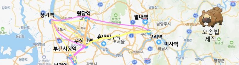 사진은 >>736 수정한 거고, 선들은 >>744에서 나온 경로임. 분홍이 1안, 주황이 2안, 노랑이 3안.