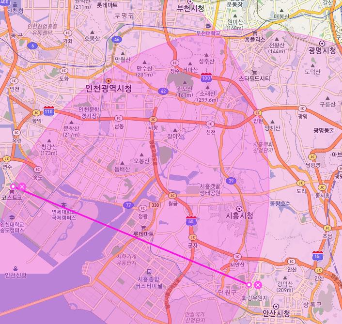 부천시청역이랑 부천역이랑 가까우니깐 걸어서 갈 수 도 있겠네. 센트럴파크역과 선부역 중에서 어디가 더 가까운지 궁금해서 원을 그려봤는데, 둘다