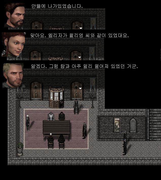 월리엄: 저는 안뜰에 있었습니다. 하녀: 네. 엘리자가 월리엄씨와 함께 마굿간 근처에 있었다고 했어요. 치안관: 사건 현장인 옥상과는 굉장히 멀