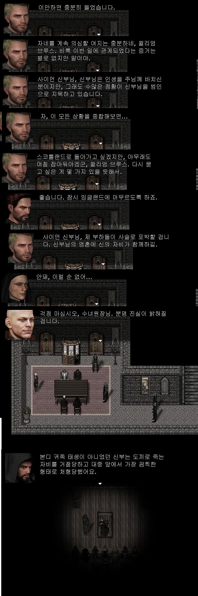 그리고 식사시간에는 총독이 마녀를 잡자는 것에 부정적으로 대했고고, 범행에 사용된 흉기도 신부의 물건이었고, 신부는 이단 성경을 소유한 것도 밝