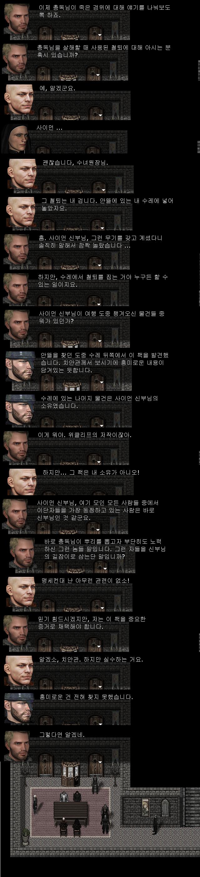 그리고 식사시간에는 총독이 마녀를 잡자는 것에 부정적으로 대했고고, 범행에 사용된 흉기도 신부의 물건이었고, 신부는 이단 성경을 소유한 것도 밝