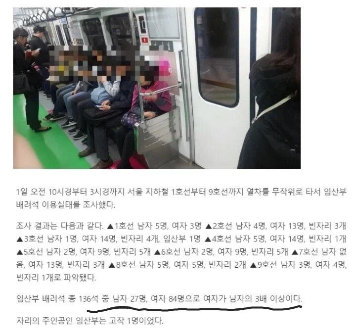 안 비워두는 게 나은 이유. 임산부배려석을 여성배려석처럼 이용하기 때문.