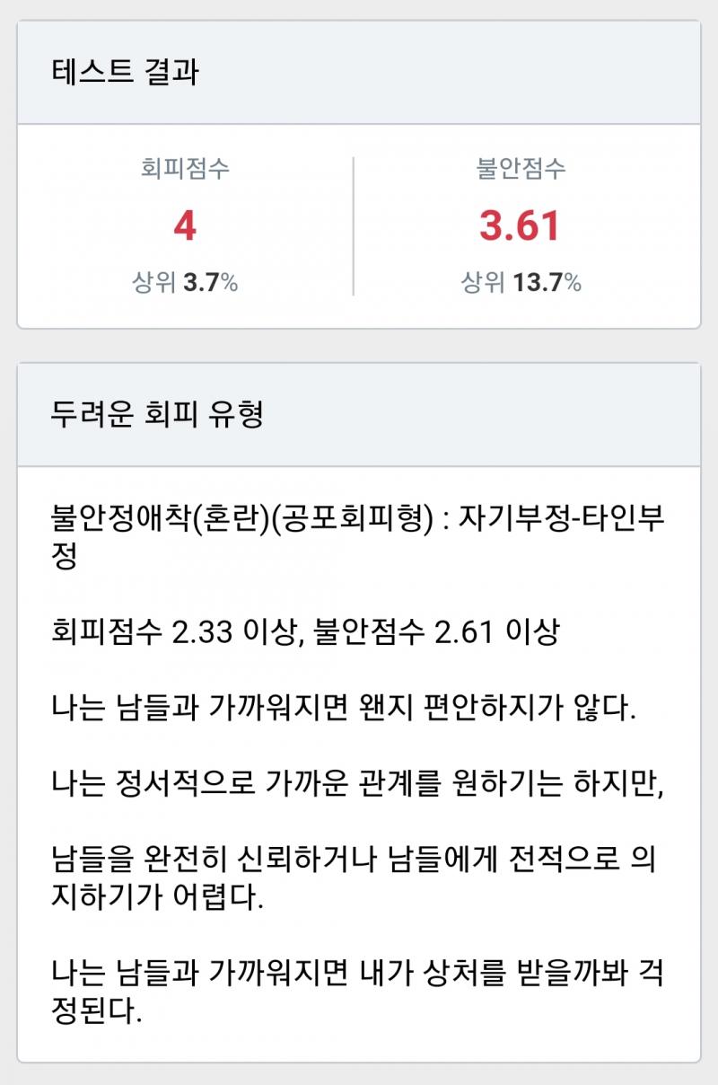 내 애착유형 검사 결과... 진짜 어느정도 느끼고는 있었지만 회피점수가 도라방스네...ㅋㅋㅋ 나 진짜 어쩌다 회피형 됐지... 생각해보면 부모 