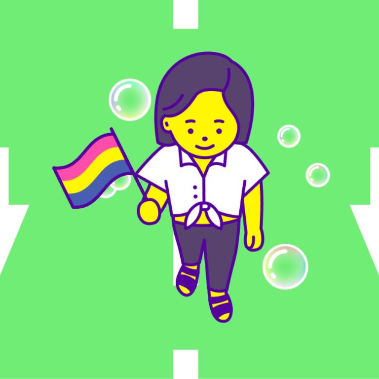 검은색 단발의 캐릭터가 팬섹슈얼을 상징하는 깃발을 들고 평온한 얼굴로 초록빛 도로를 걷고 있다. 하얀색 매듭 셔츠에 검은색 좁은 바지를 입고있으