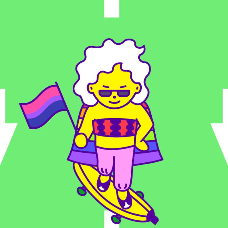 하얀색 물결 머리에 네모난 선글라스를 낀 캐릭터가 바이섹슈얼을 상징하는 깃발을 들고 용감한 표정으로 바나나 보드를 타고 초록빛 도로 위를 달리고