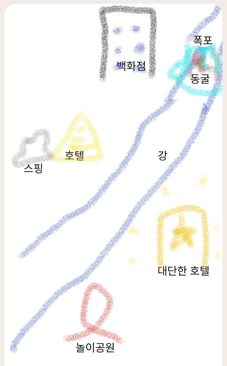 "우리 호텔 주변에 이런게 있었군." 나는 완성된 지도를 바라보며 흡족한 미소를 지었다. 누가 만들었는지 몰라도 완벽한 지도였다. "그나저나 이
