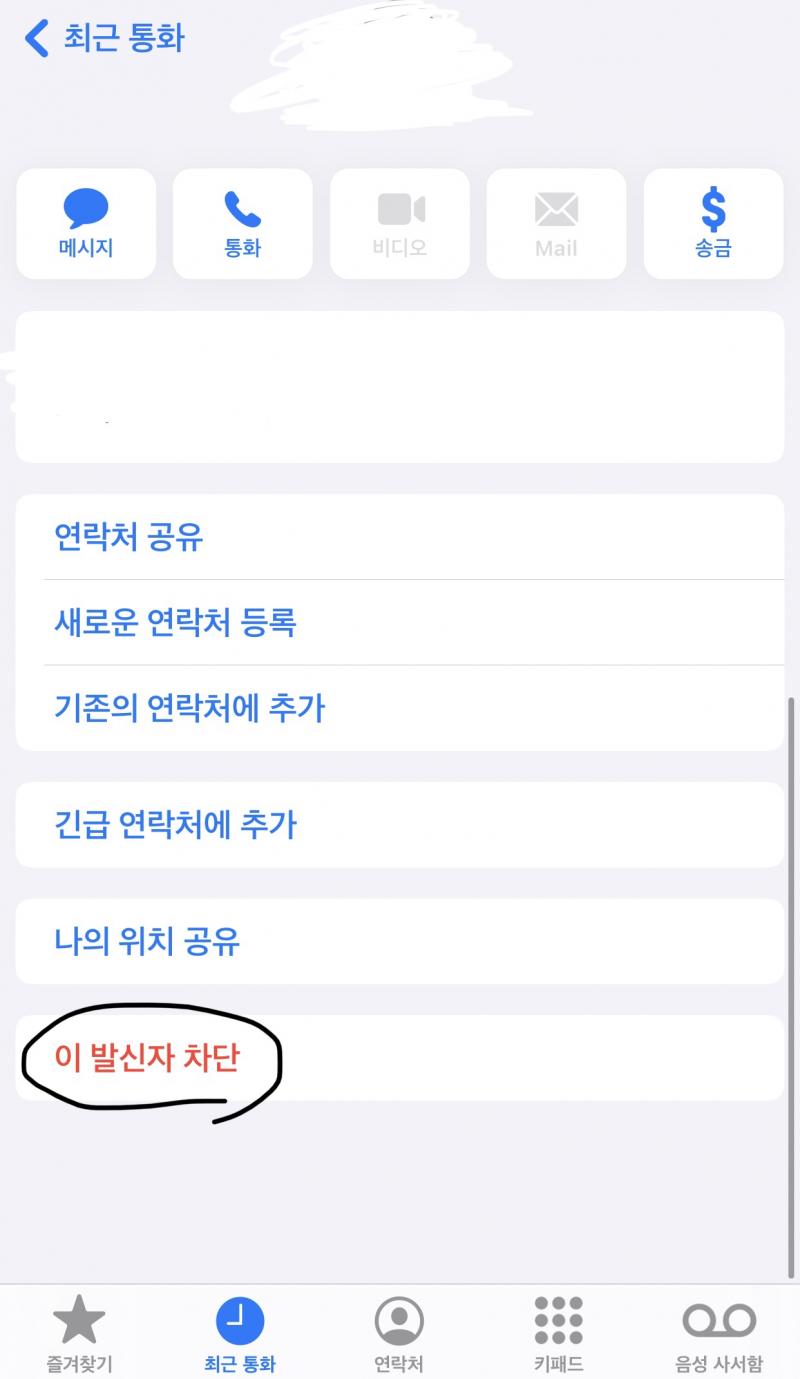 최근 통화 들어가서 전화번호 옆에 i 버튼 누르고 이 발신자 차단 버튼 눌러