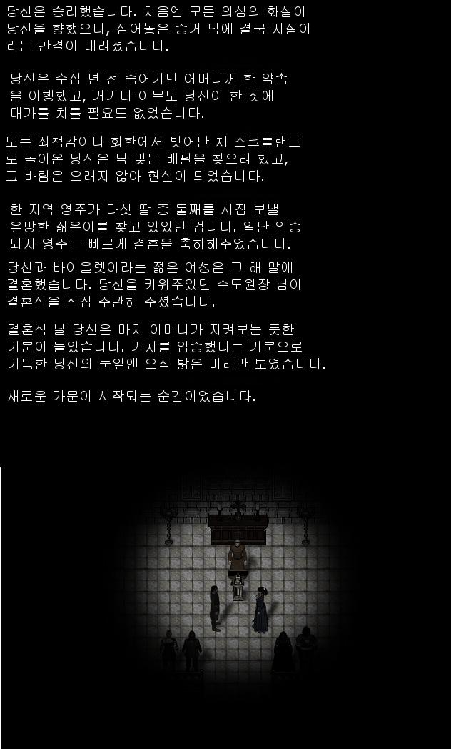 치안관은 총독의 자살로 수사를 종결했다. 전부 월리엄의 증언 조작과 증거품 조작, 그리고 흉기 선택 덕분이었다. 월리엄은 어머니의 복수를 갚는데