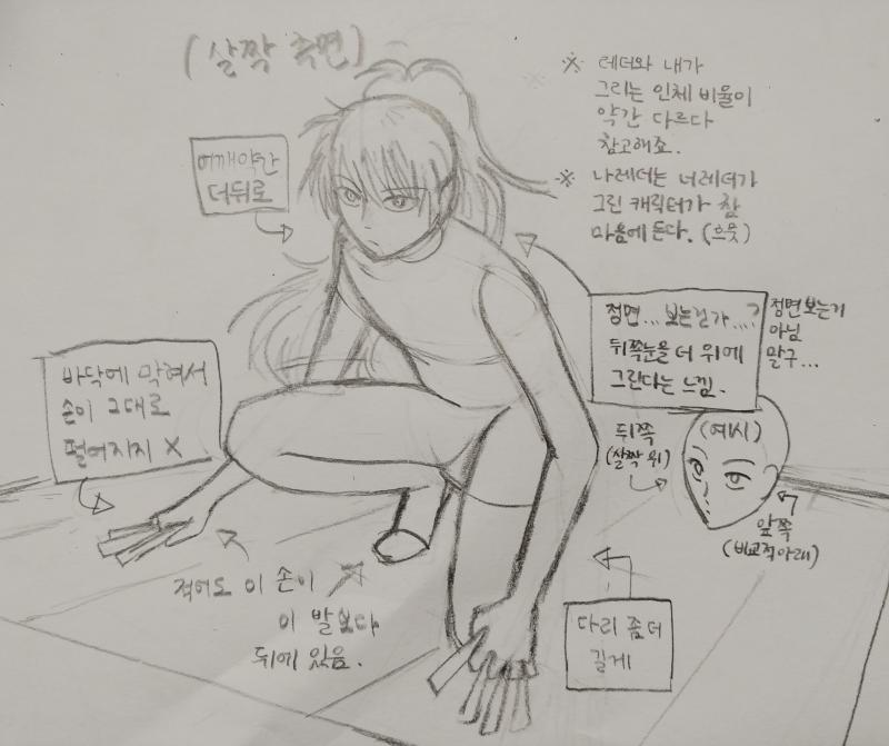 >>389 첫째그림은 엉덩이 각도랑 손이 바닥에 떨어진 모양이 언덕처럼 경사진 바닥에 앉은 모양인데 발은 평평한 바닥 밟고 있는 것 같애