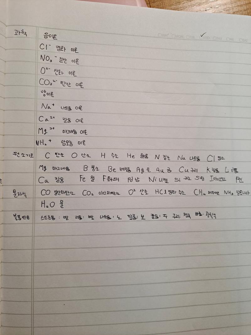 9/15(수) 과학 이온식, 원소기호, 분자식, 불꽃반응 암기 O