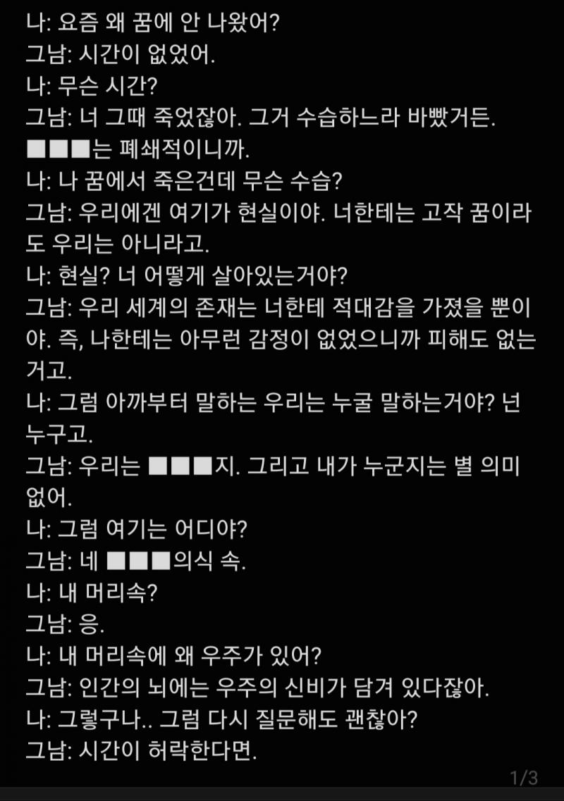 대화 내용은 사진으로 첨부할게. 대충 우리는 바닥은 하얀데 사방은 우주 같은 공간에 있었어. 그 애는 대화 내내 무표정이었고. 참고로 내가 기억