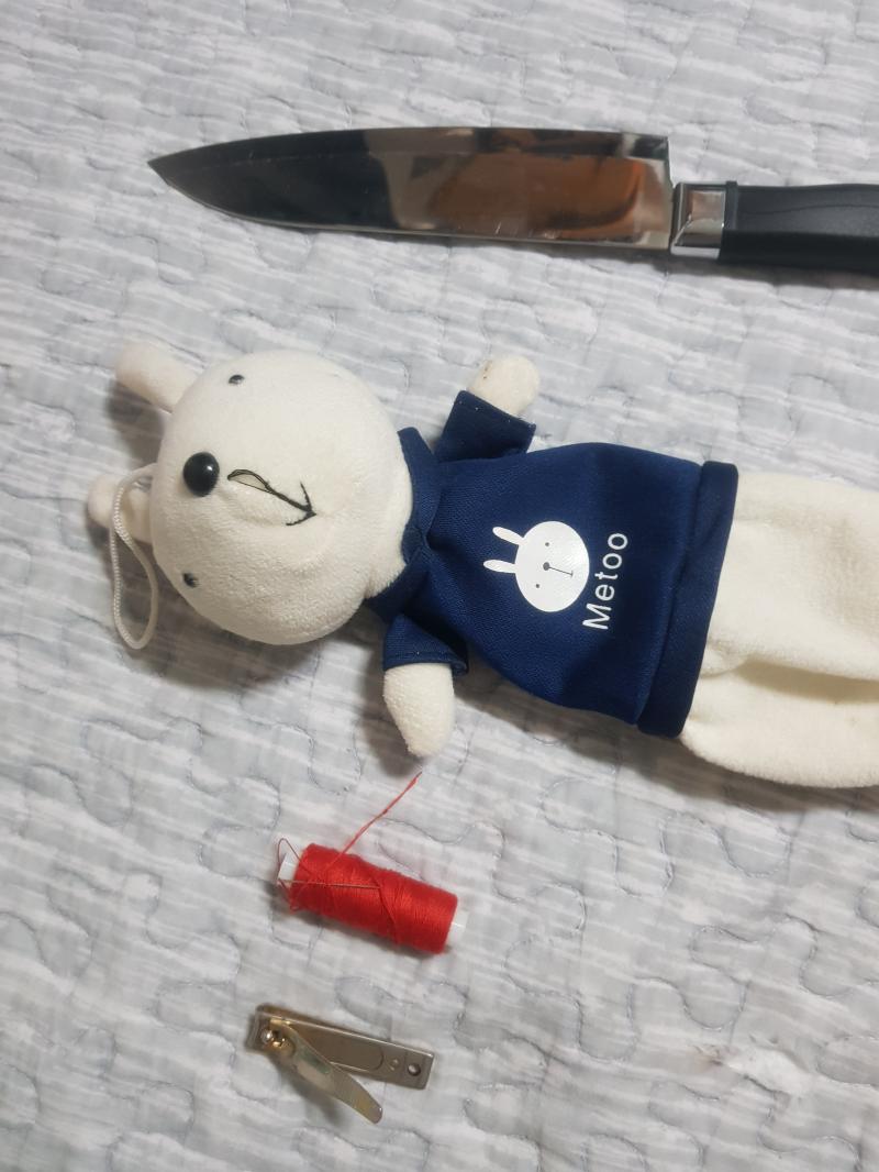 일단 다 모으긴 했어 쌀로 채우는거랑 소금물은 내일 시작하기 직전에 해야지..근데 식칼이 너무 큰가...? 인형이 들 수 있을 정도의 크기여야 