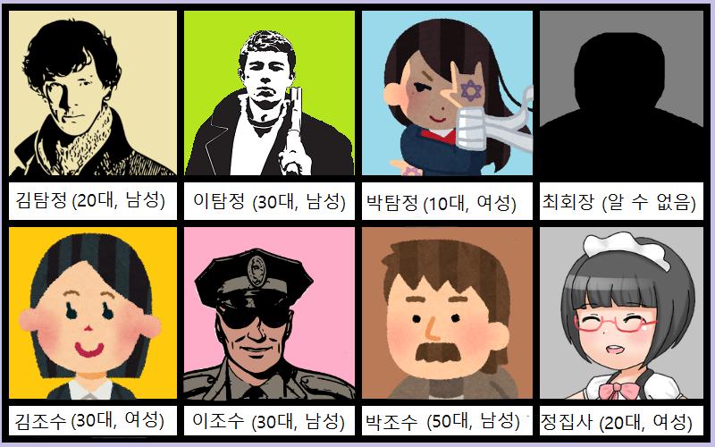 최회장이 자신의 가문의 수수께끼를 풀어달라며 김탐정, 김조수, 이탐정, 이조수, 박탐정, 박조수에게 초대장을 보냈다. 최회장에게 고용된 정집사는