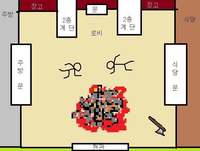 글만 있으면 상황파악 하기 어려울까봐 방금 그려온 현재 상황. 현재 이조수의 위치는 1층 로비. 김탐정이 총을 들고 2층 복도를 걸어오고 있다!