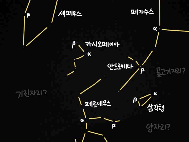 >>333 기린자리와 물고기자리, 양자리는 별이 안 보여서 원래 있어야 하는 곳에다가 이름을 적어넣었어! 도움이 됐기를 바란다 :D