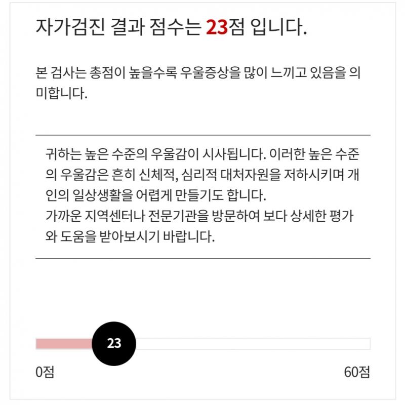 이게 검사한거거든 여기에 뭐 높은 수준의 우울 머시기하게 말하긴하는데 밑에 기준표 보면 가벼운 정도인 거 같아서 너무 극단적이게 하지 않으려고