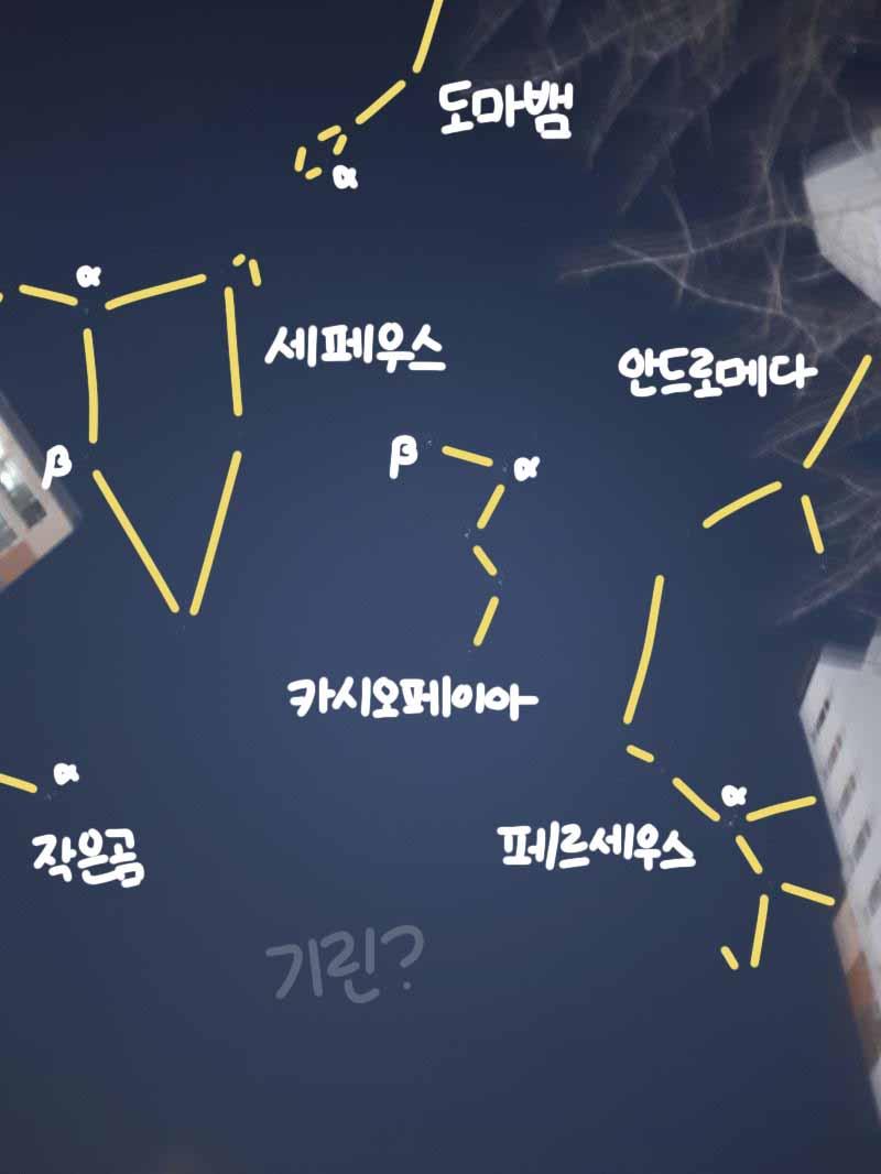 >>422 그리고 두번째 사진 보정/미보정 순서로 두장! 별이 안 보이는 곳은 반투명한 글씨로 (별자리이름)? 따위로 표시했어. 도움이 됐기를 