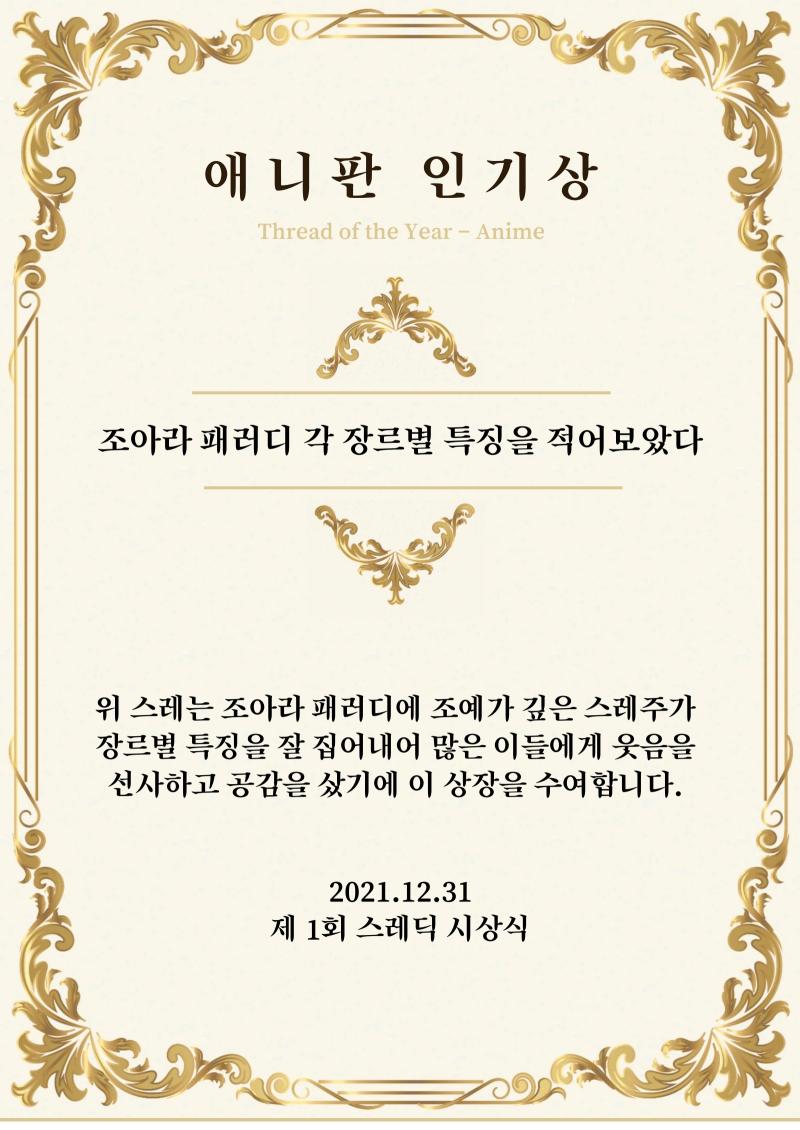 애니판 인기상 후보에는 두 개의 스레가 올랐습니다. 이 중 조아라 패러디 소설 독자 9년차의 짬밥을 보여준 ‘조아라 패러디 각 장르별 특징을 적