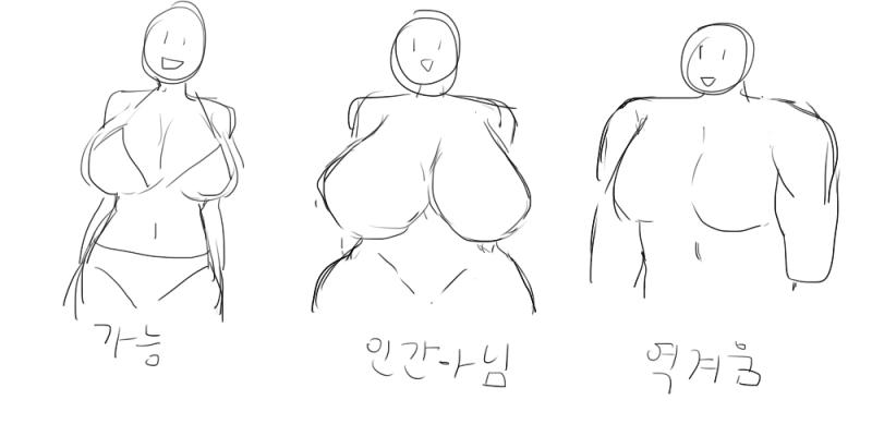 안되는 실력으로 여태껏 본 좆같은 유형 그려봄 맨 왼쪽은 진짜 장르적 데포르메로 봐줄수있는 한계인 거유캐의 마지노선이라고 해야하나(주관적) 진짜