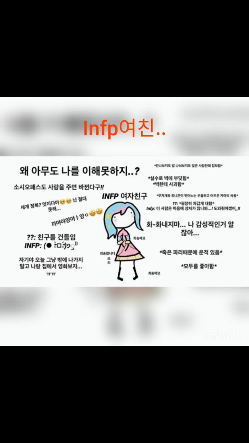 씨발 이건 그냥 모에화아니냐? INFP는 툭하면 처울고 우에엥거리고 맨날 사과하고 상상하고 마치 인소의 왕자만 기다리는 민폐형 소심한 여주로 만