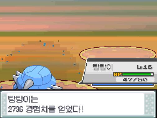 탕탕이의 얼다바람! 효과가 굉장했다! 상대 디그다는 쓰러졌다! 탕탕이는 2736 경험치를 얻었다! 탕탕이는 레벨18로 올랐다!
