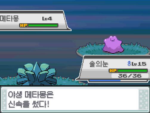탕탕이 교대! 돌아와! 가랏! 솔의눈! 야생 메타몽은 신속을 썼다! 솔의눈은 무엇을 할까? >>264 싸운다:박치기15/벌레먹음20/괴상한바람4