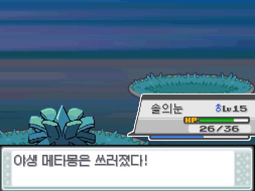 야생 메타몽은 신속을 썼다! 솔의눈의 벌레먹음 공격! 야생 메타몽은 쓰러졌다! 바이바이 30번 도로의 신속 메타몽....