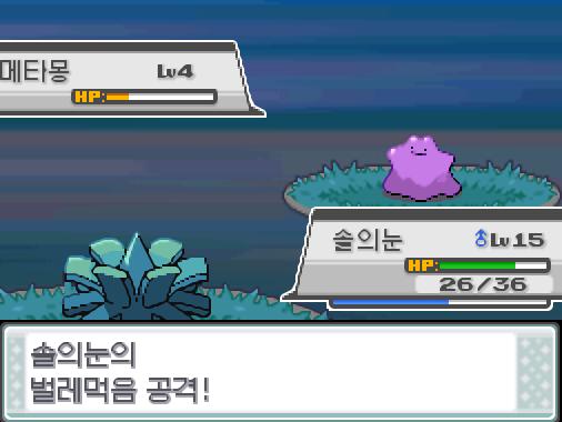 야생 메타몽은 신속을 썼다! 솔의눈의 벌레먹음 공격! 야생 메타몽은 쓰러졌다! 바이바이 30번 도로의 신속 메타몽....