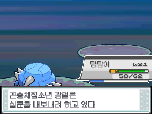 탕탕이의 마그넷봄! 효과가 별로인 듯하다. 상대 피츄는 쓰러졌다. 탕탕이는 576 경험치를 얻었다! 탕탕이는 레벨 21로 올랐다. 곤충채집소년