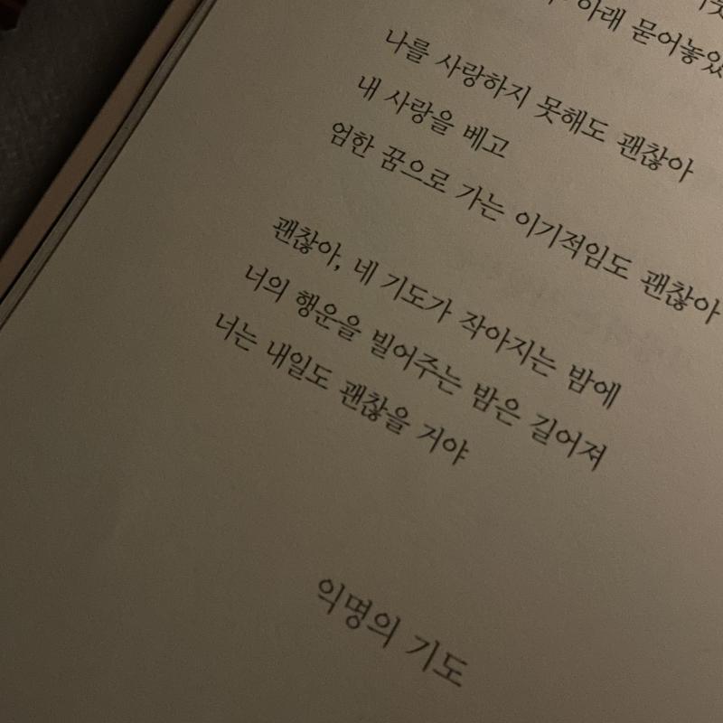 >>5 앞으로는 눈물이 긍정의 눈물이길 바래 이거 내가 좋아하는 시집 읽다가 발견한건데 요즘들어 계속 꺼내보고 마음속으로 생각하니까 진짜 괜찮아
