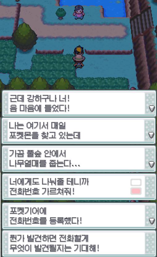 "근데 강하구나 너! 음 마음에 들었다! 나는 여기서 매일 포켓몬을 찾고 있는데 가끔 풀숲 안에서 나무열매를 줍는다... 너에게도 나눠줄테니까