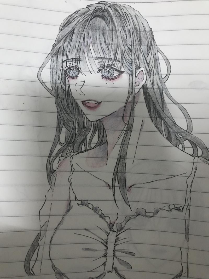 앞머리 있는 검은 긴생머리에 왼 쪽 눈 밑에 점 두개가 특징이얌 눈은 하늘 빛 도는 회색이고 나머진 안 정했어 ^u^*)