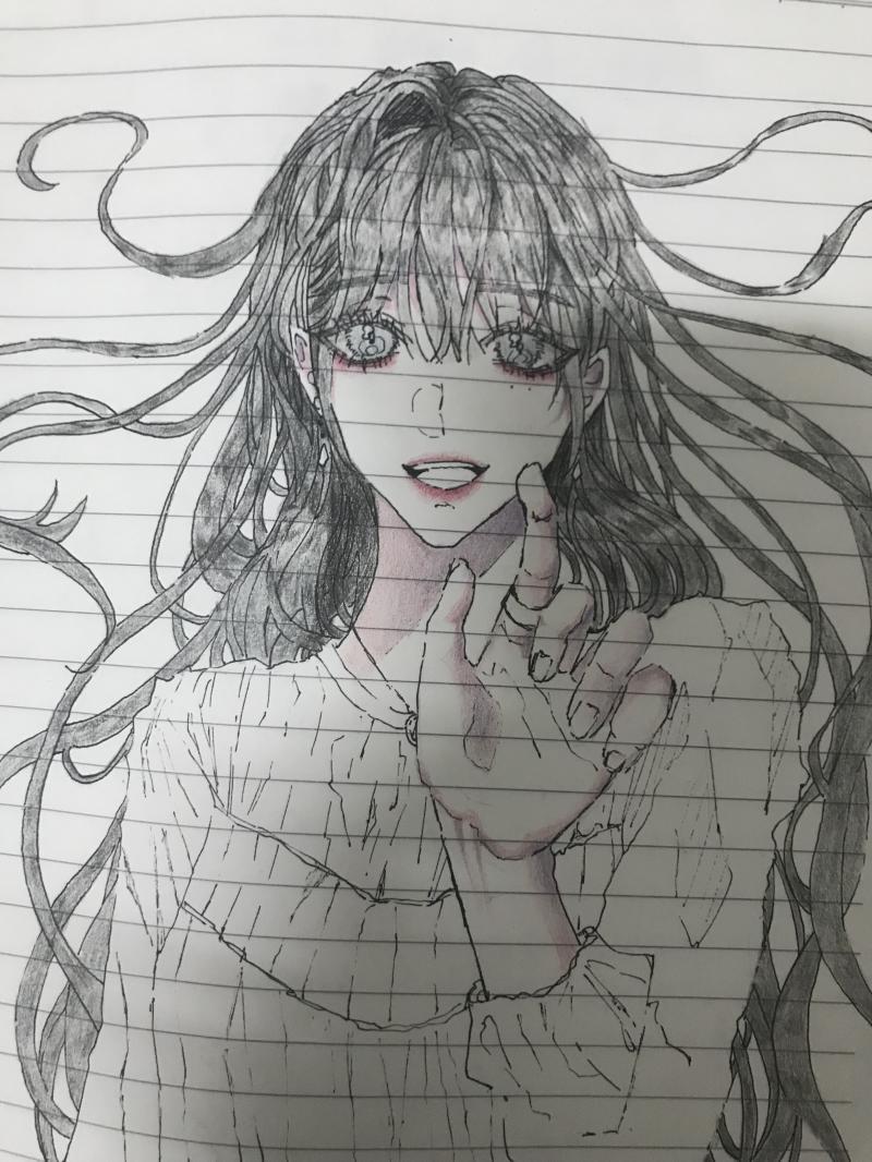 앞머리 있는 검은 긴생머리에 왼 쪽 눈 밑에 점 두개가 특징이얌 눈은 하늘 빛 도는 회색이고 나머진 안 정했어 ^u^*)